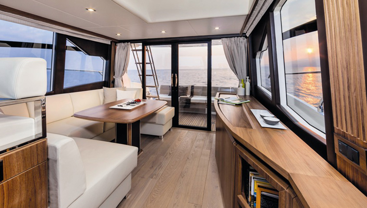 Saloon interior of the Rodman 43 Fly at sunset