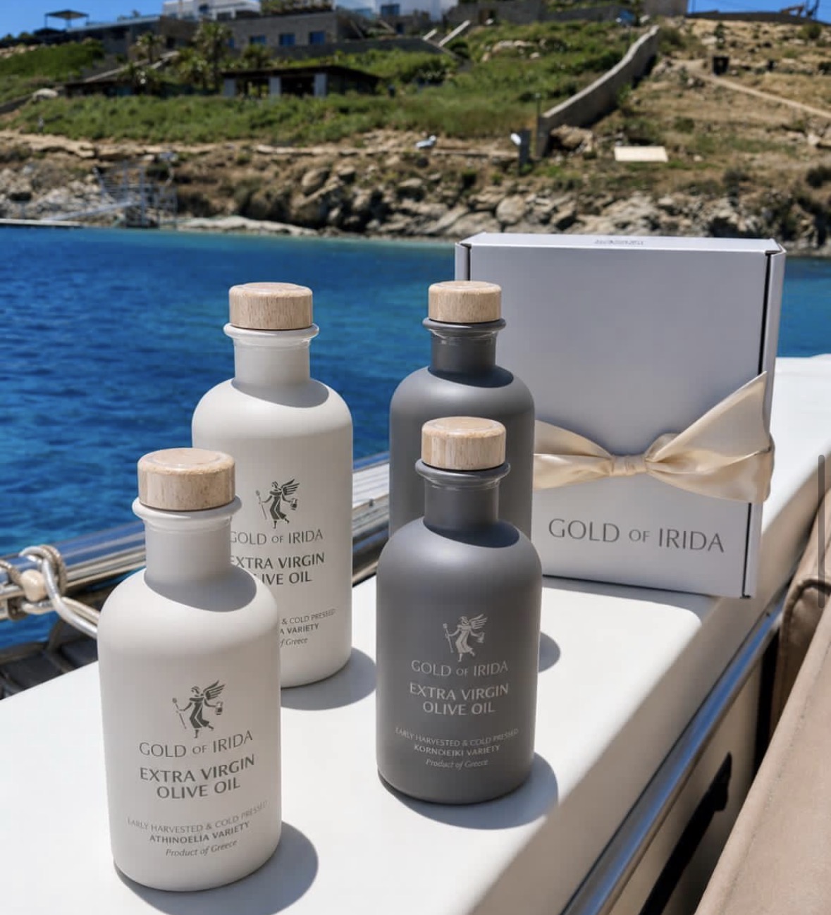 Gold of Irida olive oil bottles aboard the yacht